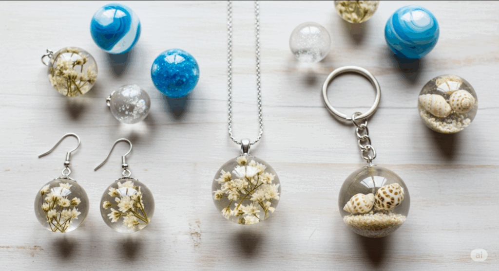 完成した球体レジンのアクセサリー加工アイデア