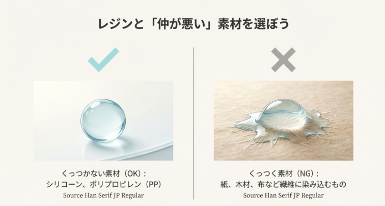 レジンがくっつかない素材（シリコン、PP）とくっつく素材（紙、木材）の比較イラスト