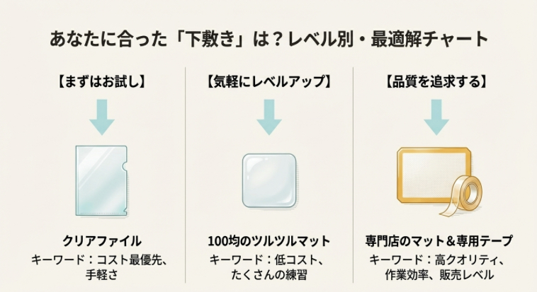 初心者はクリアファイル、練習は100均、品質重視は専用マットとテープを選ぶフローチャート