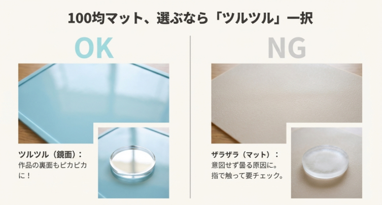 100円ショップのマットにおけるツルツル（鏡面）とザラザラ（マット）の表面加工の違い