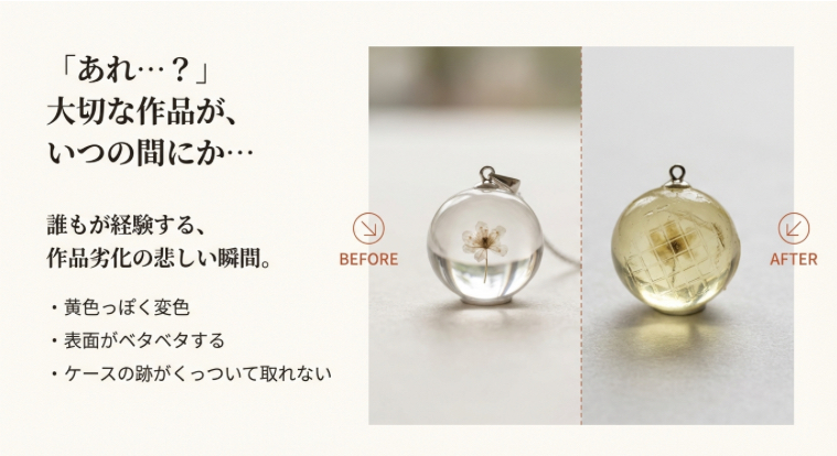 レジン作品の経年劣化ビフォーアフター。透明な球体が黄色く変色し、表面がベタついている状態の比較画像