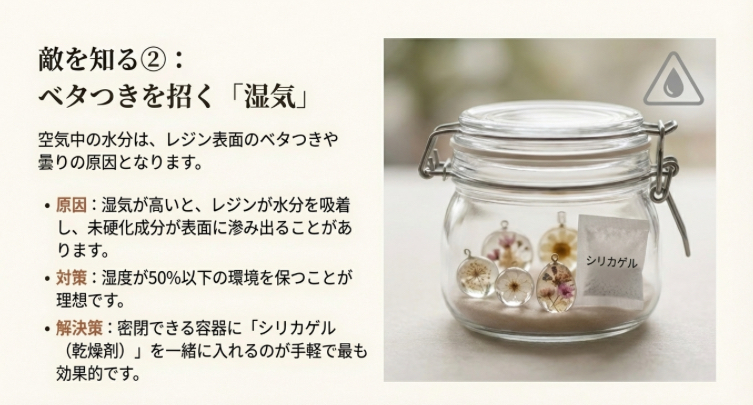 湿気がレジン表面のベタつきや曇りの原因になる解説と、密閉容器にシリカゲル（乾燥剤）を入れた保管例