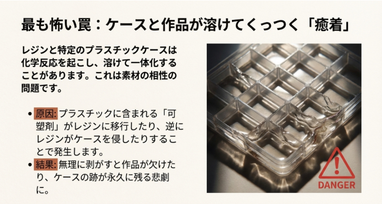 レジンとプラスチックケースが化学反応で溶けてくっついてしまった「癒着」の事例写真