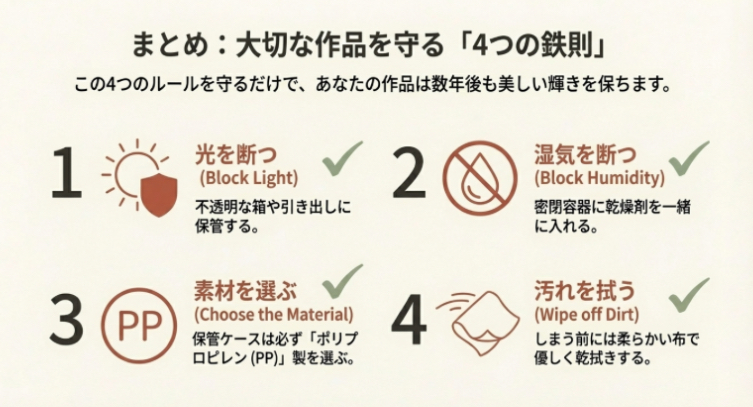 レジン作品を守るための4つのルール（光を断つ、湿気を断つ、素材を選ぶ、汚れを拭う）のまとめ画像