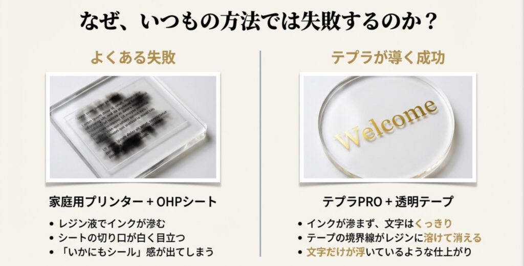 家庭用プリンター(OHPシート)とテプラPRO(透明テープ)のレジン封入時の仕上がり比較。インクの滲みや透過性の違いを解説。