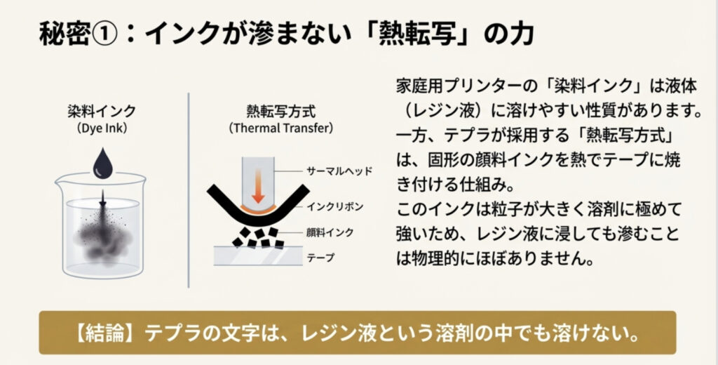 テプラのインクがレジン液で滲まない理由。染料インクと熱転写方式(顔料インク)の仕組み比較図。