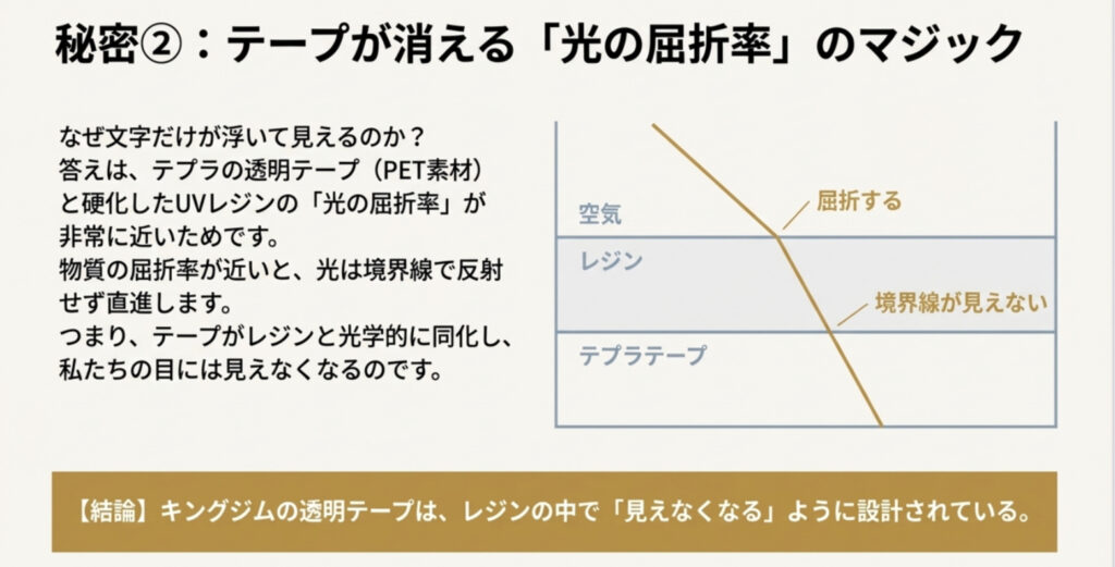 テプラの透明テープがレジンの中で消える仕組み。PET素材とレジンの光の屈折率による透過マジックの図解。