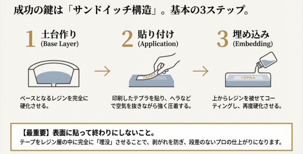 レジンにテプラを埋め込む成功の鍵「サンドイッチ構造」。土台作り、貼り付け、埋め込みの3ステップ図解。