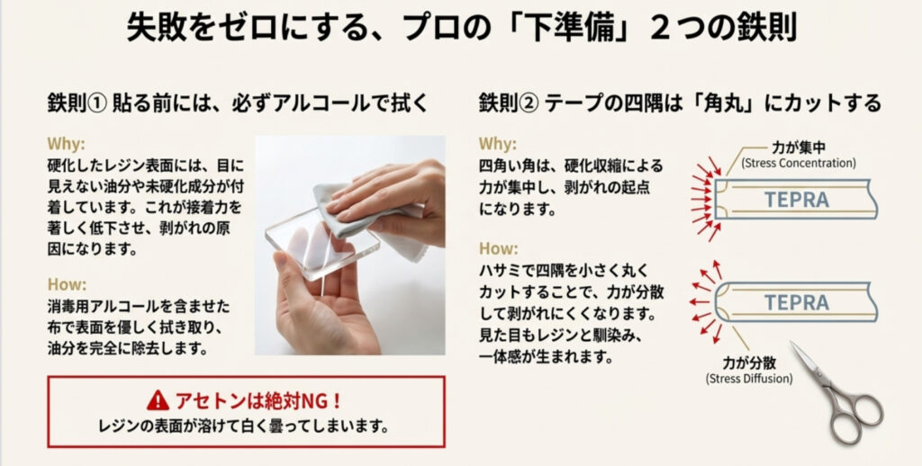 レジン封入での失敗を防ぐテプラの下準備。アルコールでの脱脂と角丸カットの方法を図解。
