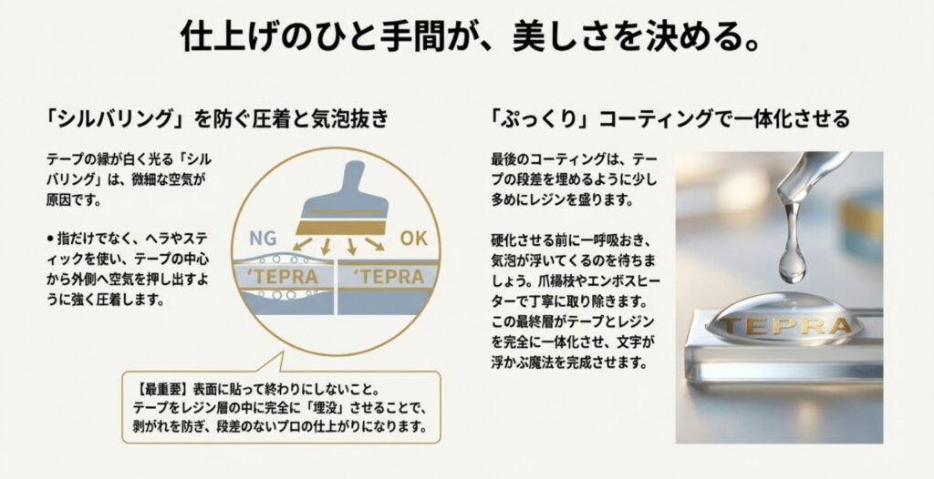 レジン文字入れの仕上げ工程。シルバリングを防ぐ圧着と、ぷっくりコーティングで一体化させるテクニック。