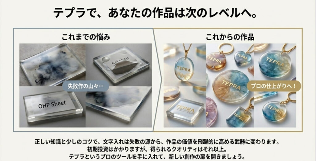 テプラ導入前と導入後のレジン作品の比較画像。失敗作(OHPシートの滲み)とプロ級の仕上がり(透明・金文字)の違い。