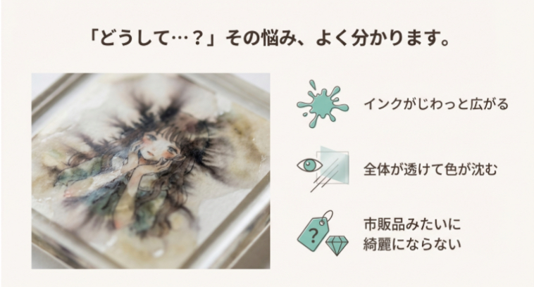 レジン液でインクがにじみ、全体が透けてしまった失敗したハンドメイド作品の例。インクが広がり色が沈んでいる状態。