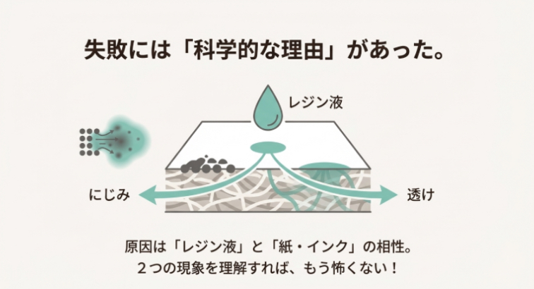 レジン液が紙に浸透しインクが溶け出す「にじみ」と、繊維に入り込むことで起こる「透け」のメカニズムを解説した断面図。