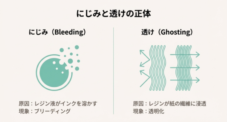 レジン液がインクを溶かす現象「ブリーディング」と、紙の繊維にレジンが浸透して透明化する現象「ゴースティング」の比較イラスト。