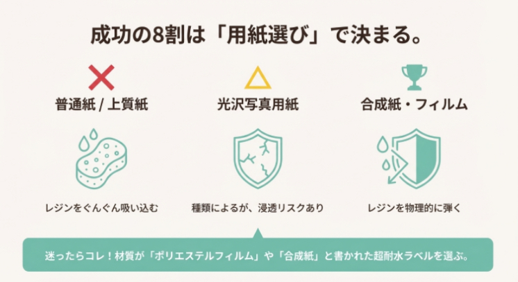 普通紙や上質紙は不向き、光沢紙は注意、合成紙やフィルムタイプが最適であることを示した、レジン用紙選びの比較イラスト。