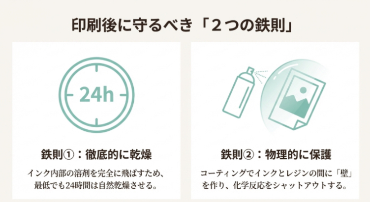 インクジェット印刷後は24時間乾燥させることと、コーティングで物理的に保護することを示した2つの鉄則アイコン。