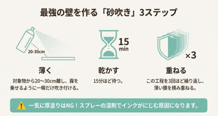 コーティングスプレーを薄く吹き、15分乾燥させ、3回重ねる「砂吹き」の具体的な手順を解説したイラスト。