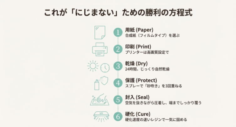 用紙選びから印刷、乾燥、保護、封入、硬化まで、レジン作品を失敗させないための6つの工程をまとめたフローチャート。