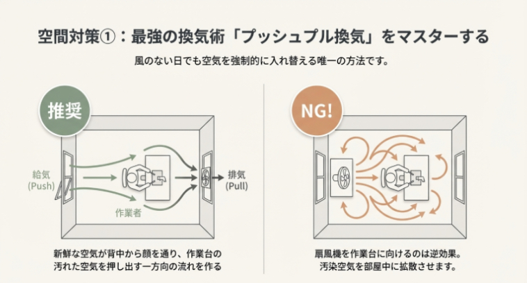 推奨されるプッシュプル換気（一方向の空気の流れを作る）と、NGな換気（扇風機で空気を撹拌してしまう）を比較した部屋の空気の流れ図解