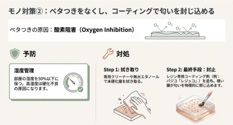 レジン表面のベタつきの原因である酸素阻害のメカニズムと、予防のための湿度管理、対処法としての拭き取り・コーティング封止の手順