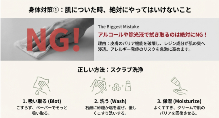 アルコールでの拭き取りがNGである理由と、砂糖や塩を混ぜて洗う正しいスクラブ洗浄の3ステップ（吸い取る、洗う、保湿）の解説