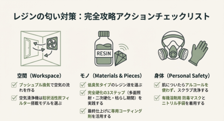 空間（換気・フィルター）、モノ（材料選び・硬化）、身体（洗浄・マスク）の3つの視点で行うべきレジンの匂い対策まとめリスト