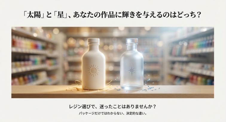 手芸店の棚に並ぶ太陽の雫と星の雫のボトル。「パッケージだけではわからない決定的な違い」を比較するためのイメージ画像。
