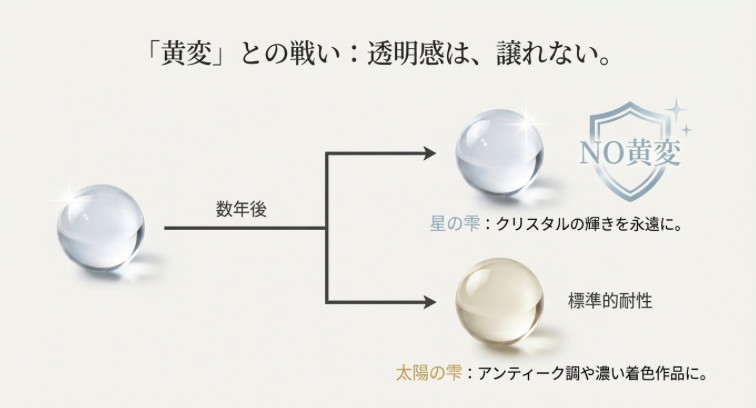 太陽の雫と星の雫の数年後の経年変化比較図。星の雫はNO黄変で透明なまま、太陽の雫は標準的な耐性でわずかに黄変する様子を図解。