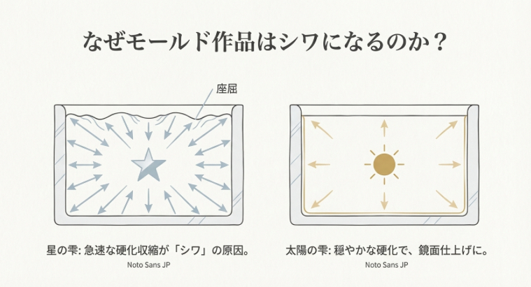 星の雫の急速な硬化収縮によるシワ（座屈）の発生と、太陽の雫の穏やかな硬化による鏡面仕上げの違いを比較した断面図説。
