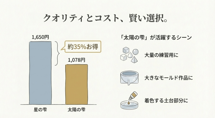 星の雫と太陽の雫の価格比較棒グラフ。太陽の雫の方が約35%安く、大量の練習用や大きなモールド作品にお得であることを示す図。