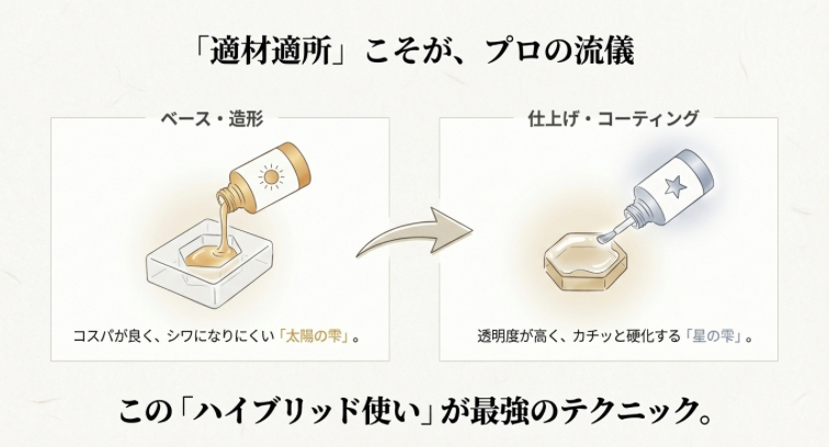 ベース・造形にはコスパの良い太陽の雫、仕上げ・コーティングには透明度が高い星の雫を使う「ハイブリッド使い」のテクニック解説イラスト。