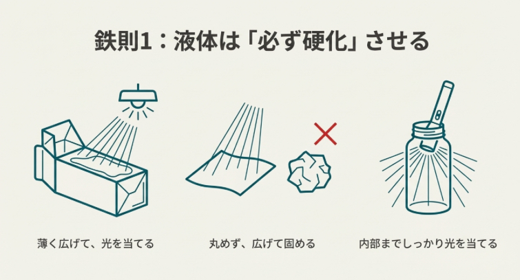 鉄則1:液体は必ず硬化させる。薄く広げて光を当てる様子と、瓶の内部までライトを入れているイラスト。丸めて固めるのはNGであることを示している。