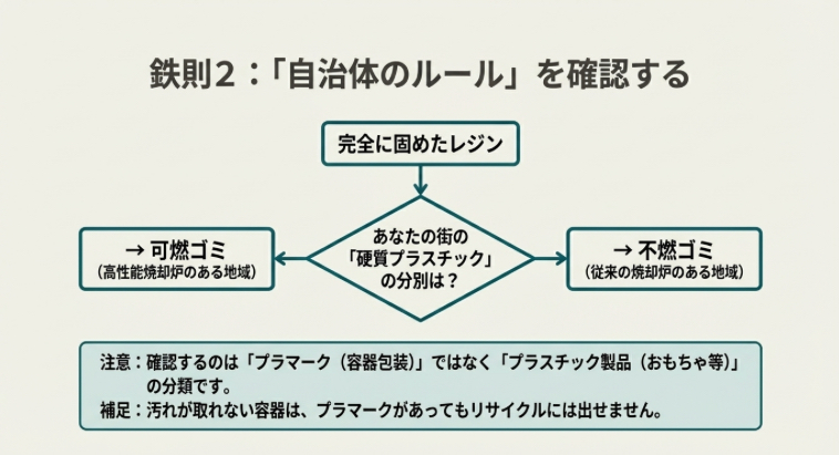 鉄則2:自治体のルールを確認するフローチャート。完全に固めたレジンは、高性能焼却炉のある地域では「可燃ゴミ」、従来の焼却炉の地域では「不燃ゴミ」となる。硬質プラスチックの分別に従うよう指示している。
