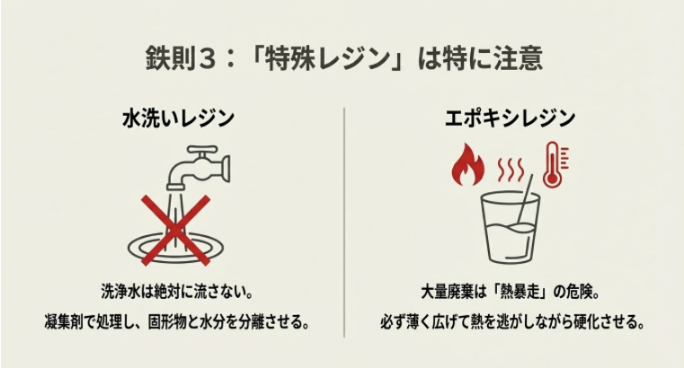 鉄則3:特殊レジンは特に注意。水洗いレジンの洗浄水は流さず凝集剤で処理すること、エポキシレジンは大量廃棄による熱暴走を防ぐため薄く広げて硬化させることを図解している。
