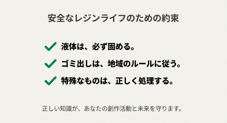 安全なレジンライフのための約束リスト。1.液体は必ず固める、2.ゴミ出しは地域のルールに従う、3.特殊なものは正しく処理する。「正しい知識が、あなたの創作活動と未来を守ります」というメッセージ。