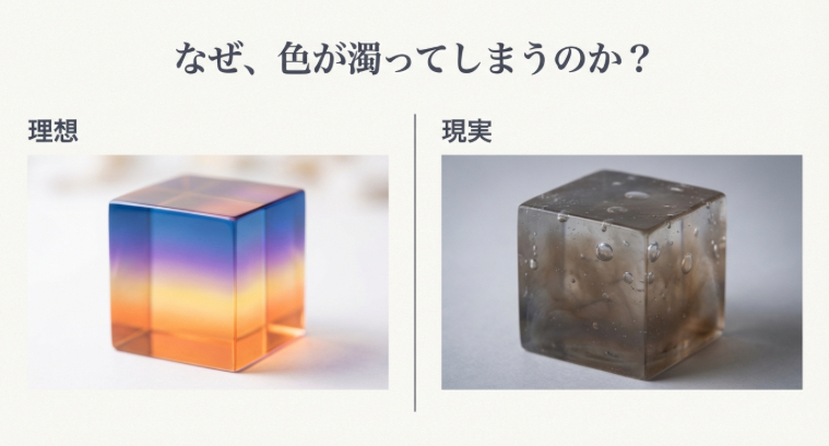 理想的な美しい夕焼けグラデーションのキューブと、色が混ざり合って茶色く濁り気泡が入ってしまった失敗例の比較画像。