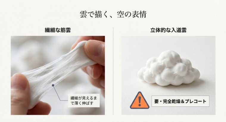 繊維が見えるまで薄く伸ばして作る「ねりけしの筋雲」と、乾燥とプレコート処理が必要な「軽量粘土の入道雲」の作り方比較。
