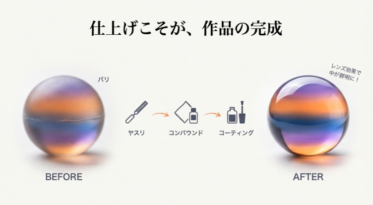 バリがあり曇っている硬化後のレジン（Before）を、ヤスリとコンパウンドで磨き、コーティング剤を塗ることでレンズ効果のある透明な作品（After）にする手順。
