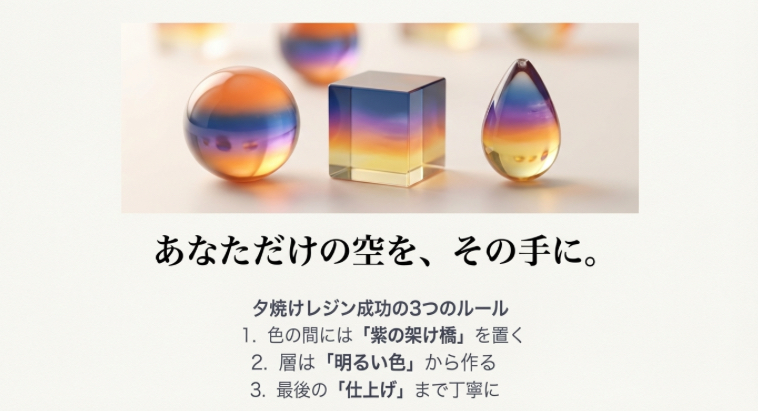 美しい夕焼けレジンの完成作品例（球体・キューブ・雫型）と、成功するための3つのポイント（紫の架け橋、明るい色から、丁寧な仕上げ）のリスト。