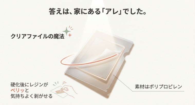 素材がポリプロピレンであるクリアファイルを使うと、硬化後のレジンがペリッと気持ちよく剥がせる様子のイラスト
