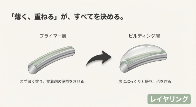 最初に薄く塗るプライマー層と、次にぷっくりと盛るビルディング層に分ける、レジンの正しい重ね方