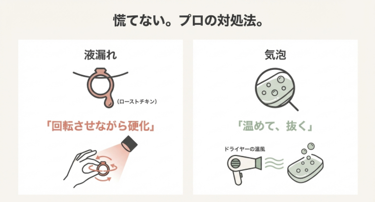 液漏れは回転させながら硬化させ、気泡は温めてから抜くという、レジン製作の失敗を防ぐプロのテクニック