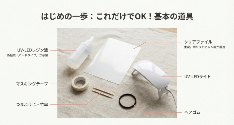 UV-LEDレジン液、クリアファイル、UVライト、マスキングテープ、ヘアゴムなど、100均で揃う基本の道具一式