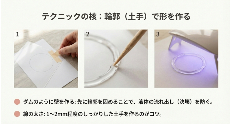 下絵の上にクリアファイルを固定し、つまようじを使ってレジン液で輪郭線（土手）を描いて硬化させるまでの3ステップ手順