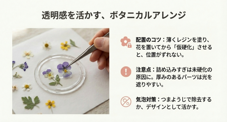 レジンで作った輪郭の中に、ピンセットを使ってドライフラワーを配置している様子。仮硬化のコツなどの解説付き