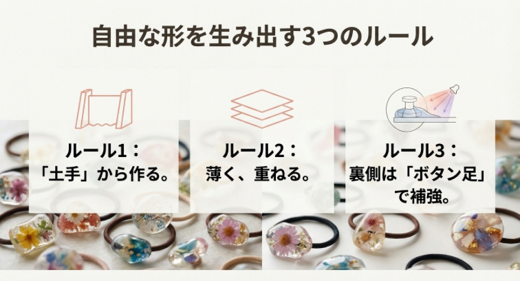 土手から作る、薄く重ねる、裏側はボタン足で補強するという、土台なしレジン作成における3つの重要ポイント