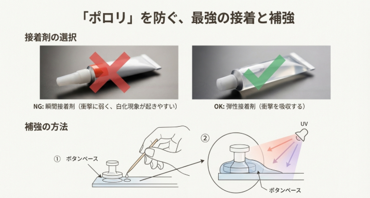 瞬間接着剤ではなく弾性接着剤を選ぶポイントと、ボタン足の根元をレジン液でコーティングして補強する手順の図解