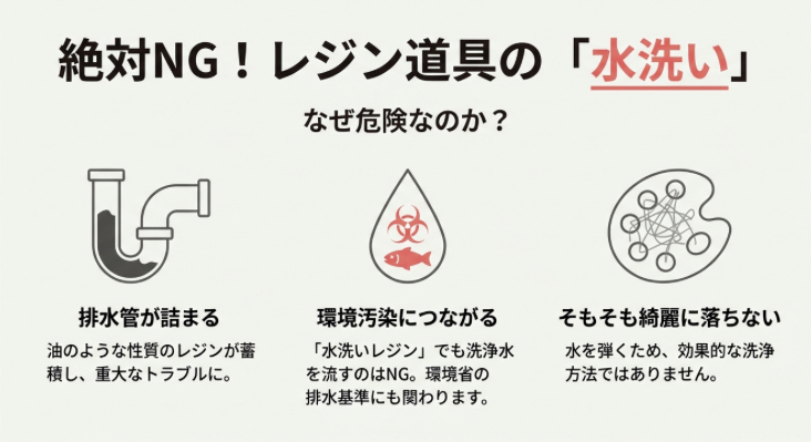 排水管の詰まりや環境汚染の原因となるため、レジン道具の水洗いは絶対NGである理由の図解