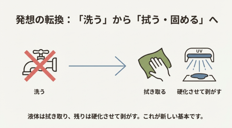 水道で洗うのをやめて、拭き取りと硬化剥離へシフトするためのイラスト解説