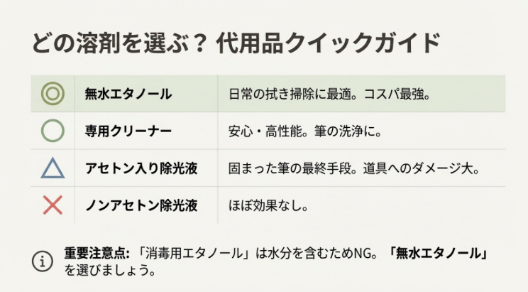 無水エタノール、専用クリーナー、除光液の効果と安全性を比較したクイックガイド一覧表